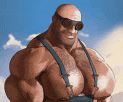 a very muscular man wearing suspenders and sunglasses .