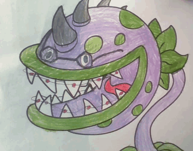 a drawing of a purple monster with horns and glasses