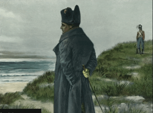 a painting of a man in a black coat standing on a hill near the ocean