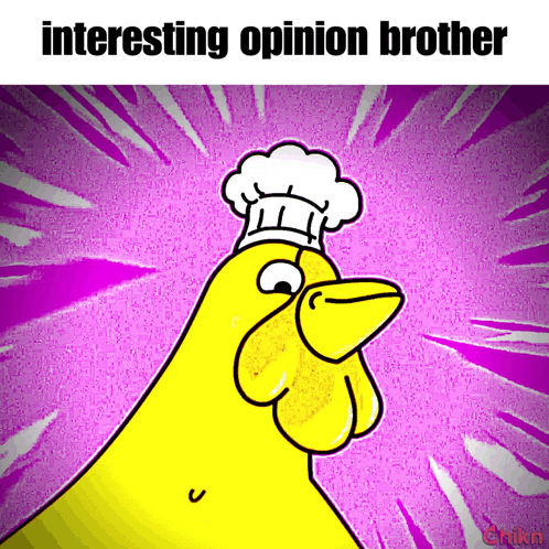 a cartoon of a chicken wearing a chef 's hat with the words " interesting opinion brother " below it