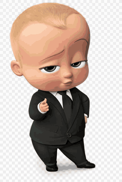 a cartoon baby in a black suit and tie