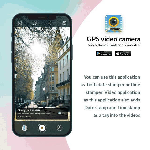 an advertisement for gps video camera shows a picture of a street in chicago