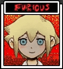 a cartoon character with blonde hair and blue eyes is standing in front of a red background with the words `` furious '' written on it .