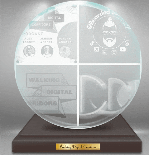 a glass globe with the words walking digital corridors written on it