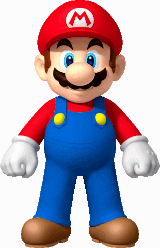 mario is wearing overalls and a red hat with a m on it