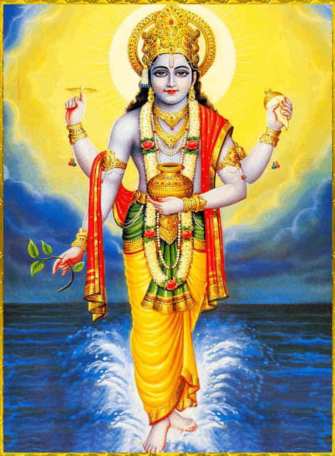 a painting of a deity standing in the water holding a pot