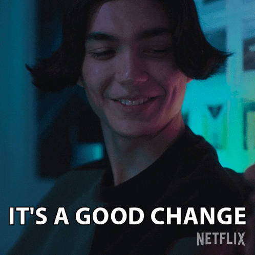 a man with braces on his teeth is smiling with the words it 's a good change netflix below him