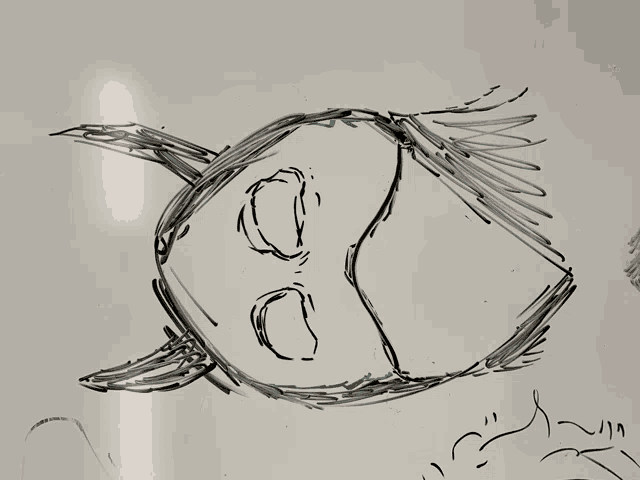 a black and white drawing of a fish with a blue stripe on it