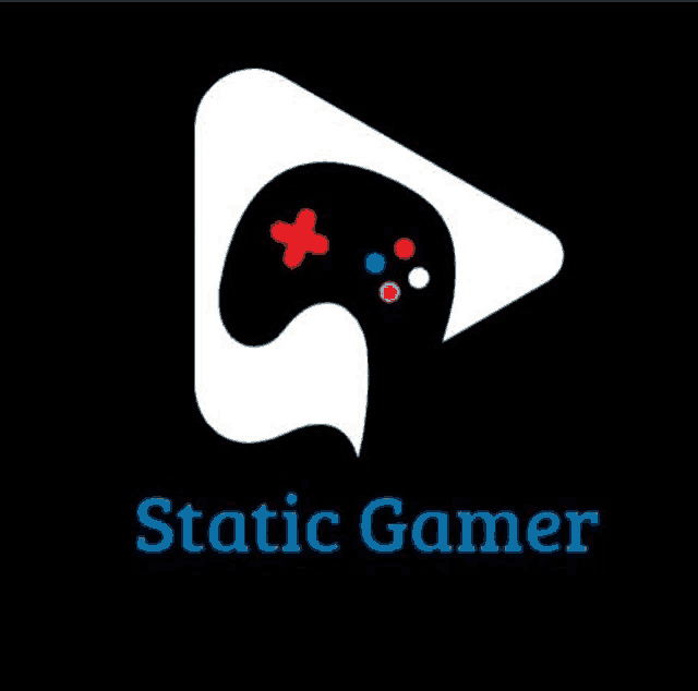 a logo for static gamer with a video game controller and a speech bubble on a black background .