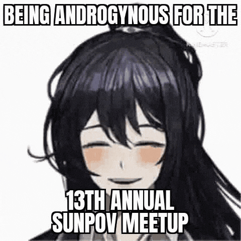 a cartoon girl with long black hair is smiling and being androgynous for the 13th annual sunpov meetup .