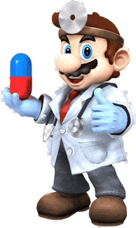 a cartoon character dressed as a doctor is holding a blue and red pill