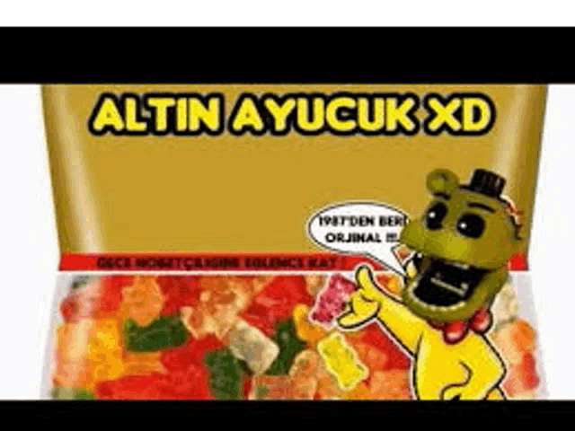 a bag of altin ayucuk xd gummy bears with a cartoon character on it .