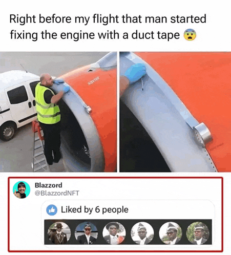 a picture of a man fixing an airplane with duct tape