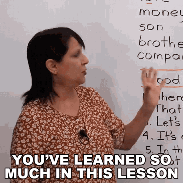 a woman stands in front of a white board with the words " you 've learned so much in this lesson "