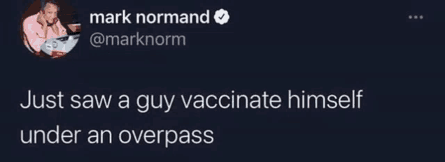 a screenshot of a tweet by mark normand that says just saw a guy vaccinate himself under an overpass