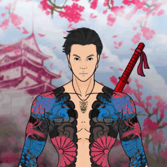 a man with tattoos is holding a sword in front of a cherry blossom tree