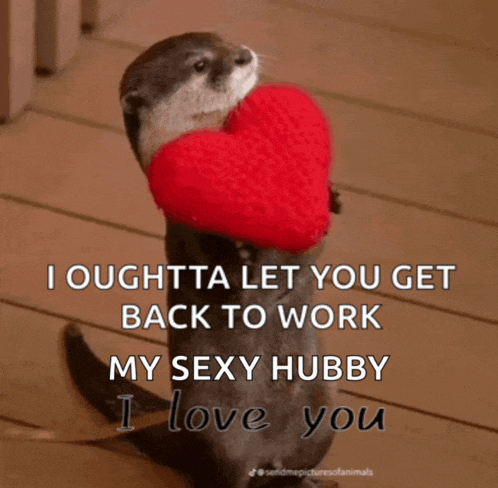 an otter is holding a red heart and says i oughtta let you get back to work