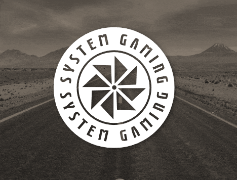 a black and white logo for system gaming with a windmill in the center