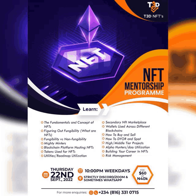 a flyer for a nft mentorship programme on thursday september 22nd 2022