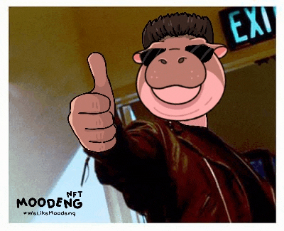 a cartoon character is giving a thumbs up in front of a exit sign