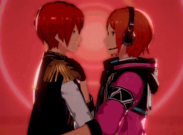 two anime characters are looking at each other with a red background