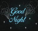 the words `` good night '' are written in blue on a black background surrounded by stars .