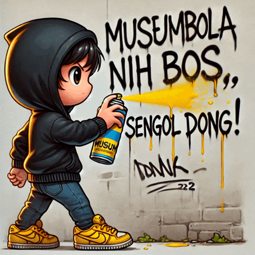 a cartoon drawing of a boy spraying graffiti on a wall that says " musembola nih bos "