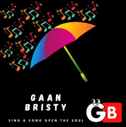 a colorful umbrella with music notes coming out of it and the words gaan bristy sing a song open the soul