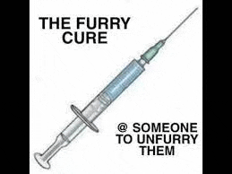 a cartoon drawing of a syringe with the words `` the furry cure '' written on it .