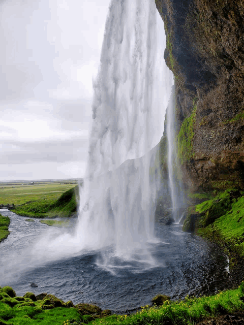 a large waterfall is surrounded by greenery and moss