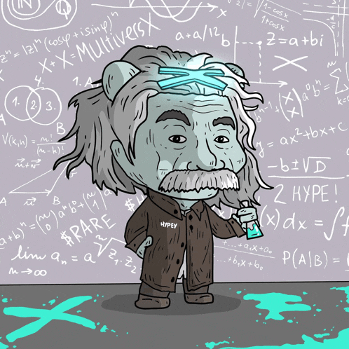 a cartoon drawing of albert einstein surrounded by equations