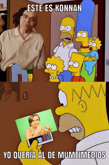 a cartoon of homer simpson holding a picture of an older man with the caption " este es konan "