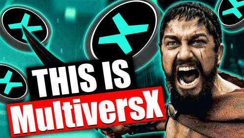 a man with a beard is screaming in front of a sign that says " this is multiversx "