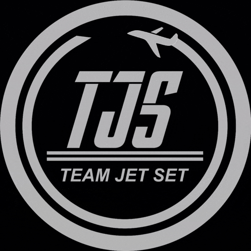 a logo for tjs team jet set with an airplane in the center