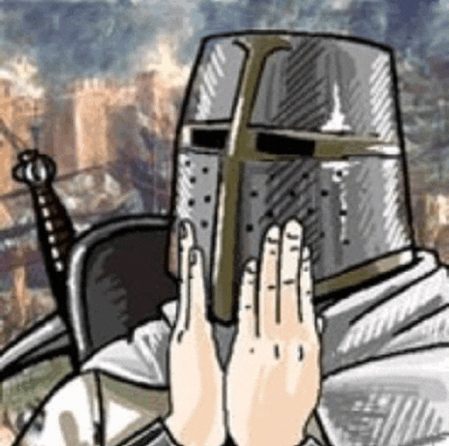 a drawing of a knight wearing a helmet and holding his hands up in front of his face .