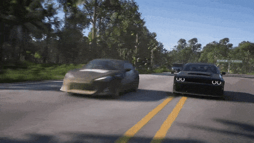 a dodge challenger and a toyota corolla are driving down a highway