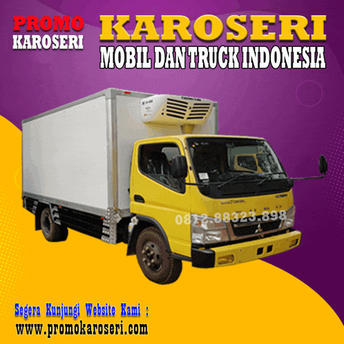 a yellow and white truck with the words promo karoseri mobil dan truck indonesia