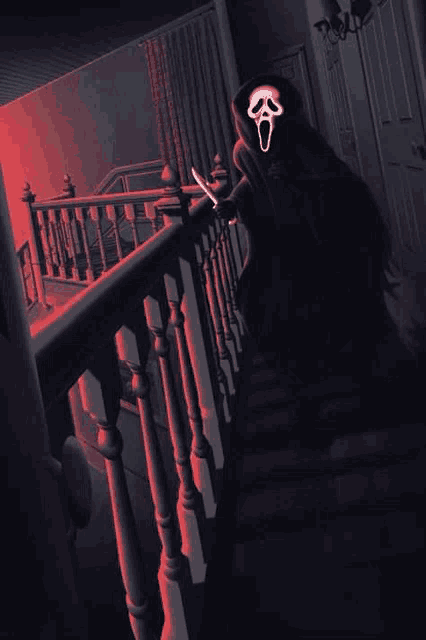 scream is standing on the stairs holding a knife in his hand .