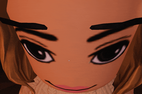 a close up of a cartoon character 's face with a small white dot on her nose