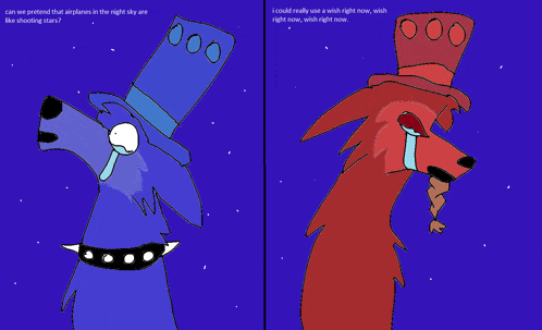 a drawing of a blue dog and a red dog with the words can we pretend that airplanes in the night sky