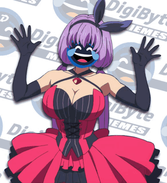 a girl with purple hair and black gloves has a cartoon face on her face and a digibyte meme behind her