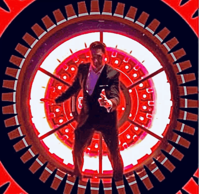 a man in a suit and tie is standing in a circle with a red and white circle around him