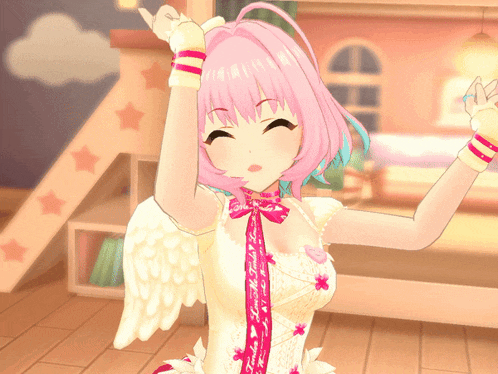 a girl with pink hair and white wings is wearing a pink ribbon that says love my friends on it