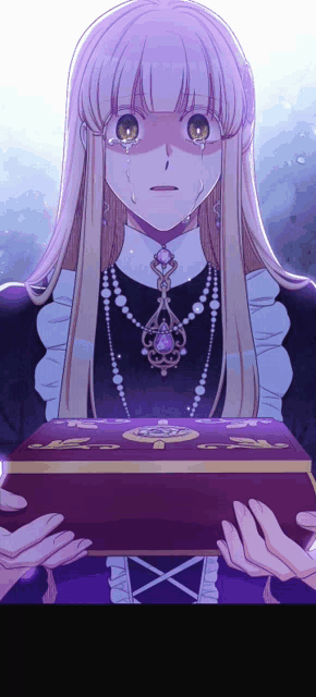 a girl with purple hair is holding a box