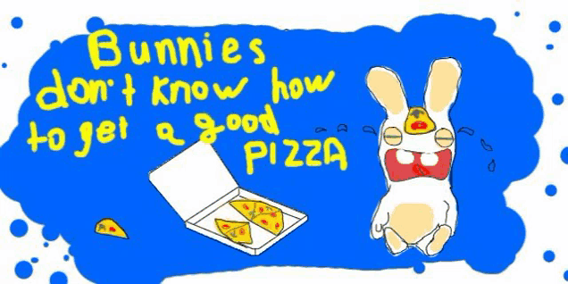 a drawing of a rabbit holding a box of pizza with the words bunnies do n't know how to get a good pizza