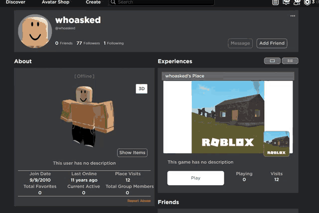 a screenshot of a roblox account with a picture of a house