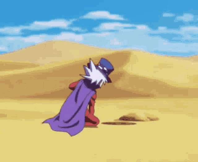 a man in a purple cape and top hat is standing in the desert