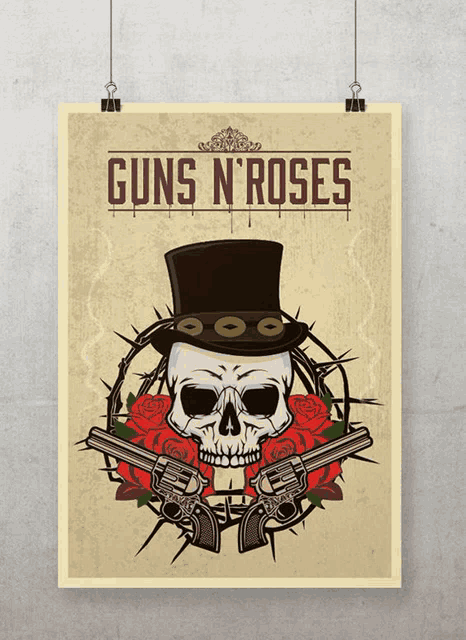 a poster for guns n ' roses with a skull and two guns