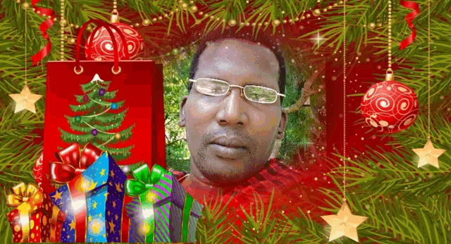 a man is surrounded by christmas decorations and gifts