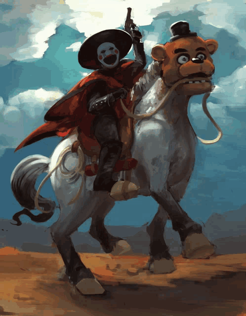 a painting of a cowboy riding a horse with a teddy bear on the back